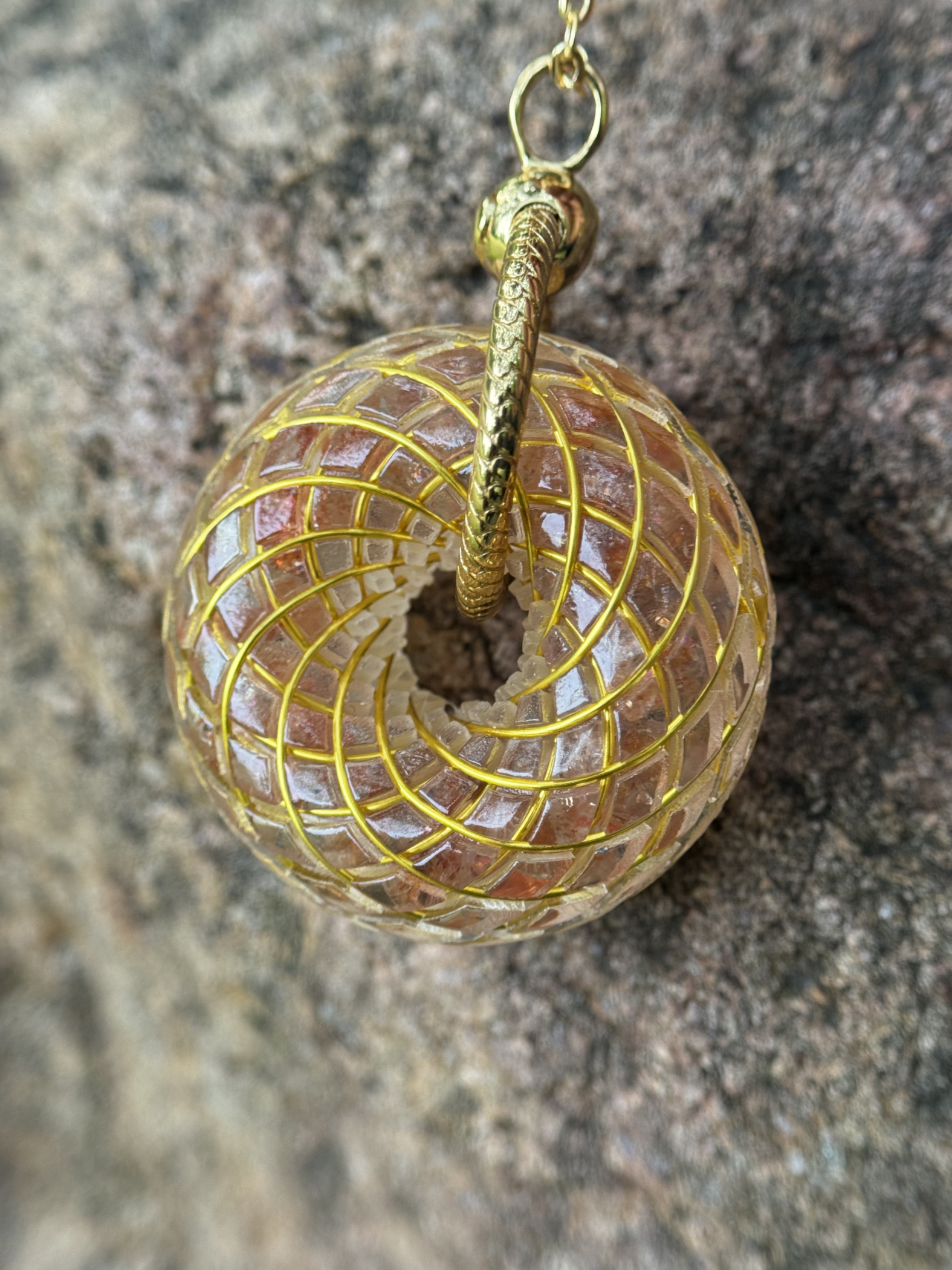 Sacred Geometry Torus Pendant Sunstone – Handmade Crystal Energy Necklace, Orgone Style Meditation Jewelry Gift
