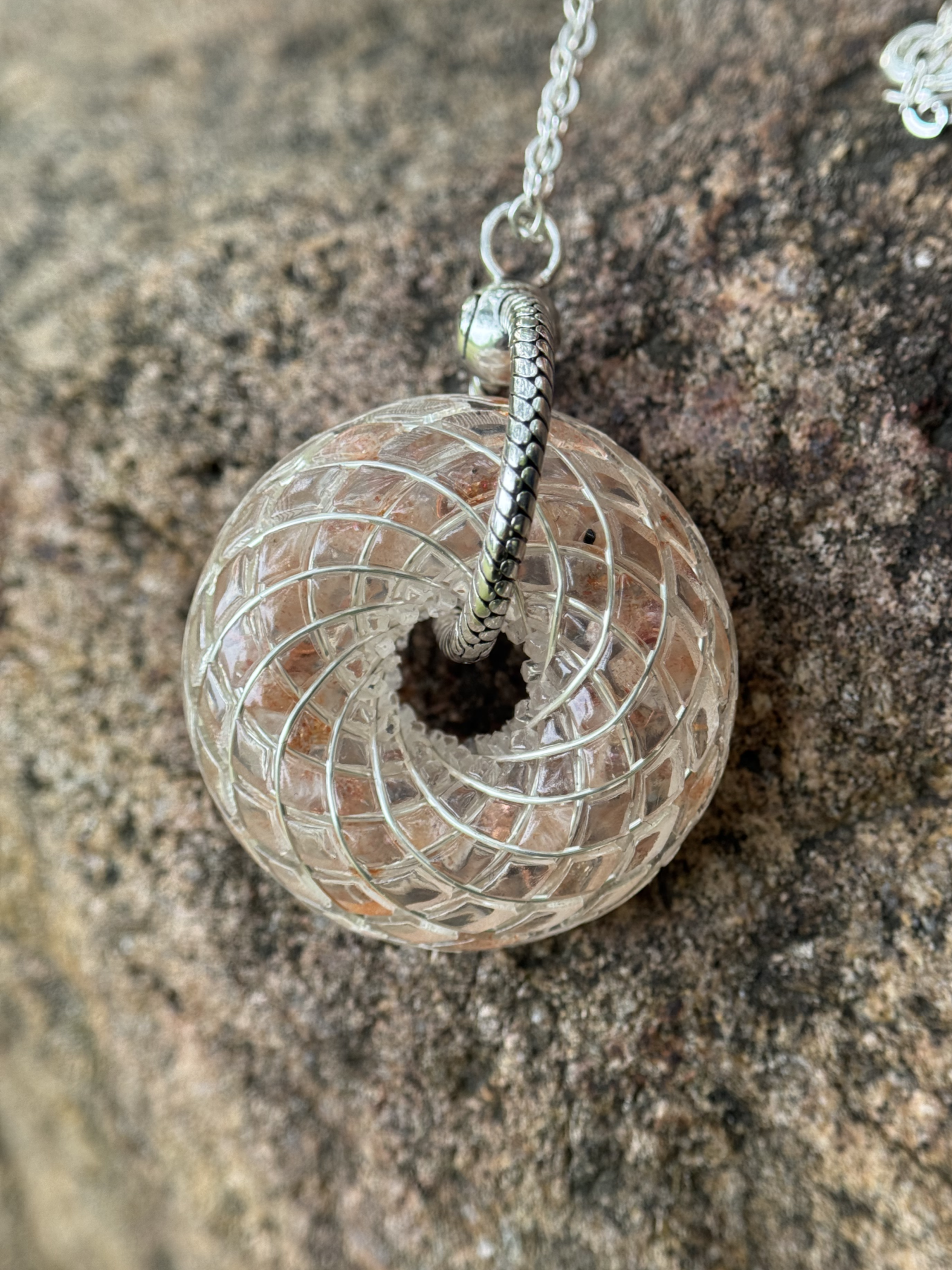 Sacred Geometry Torus Pendant Sunstone – Handmade Crystal Energy Necklace, Orgone Style Meditation Jewelry Gift