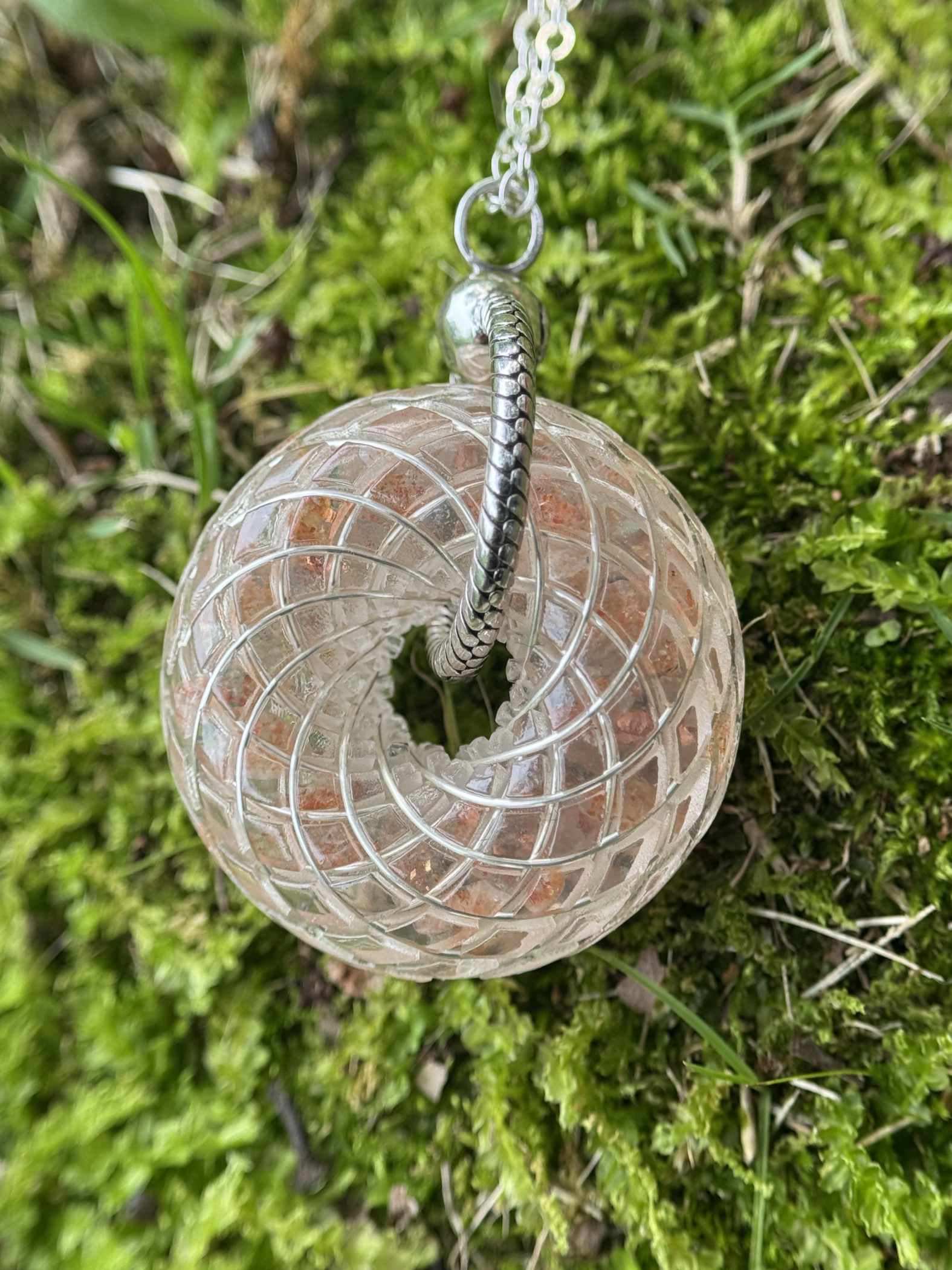 Sacred Geometry Torus Pendant Sunstone – Handmade Crystal Energy Necklace, Orgone Style Meditation Jewelry Gift