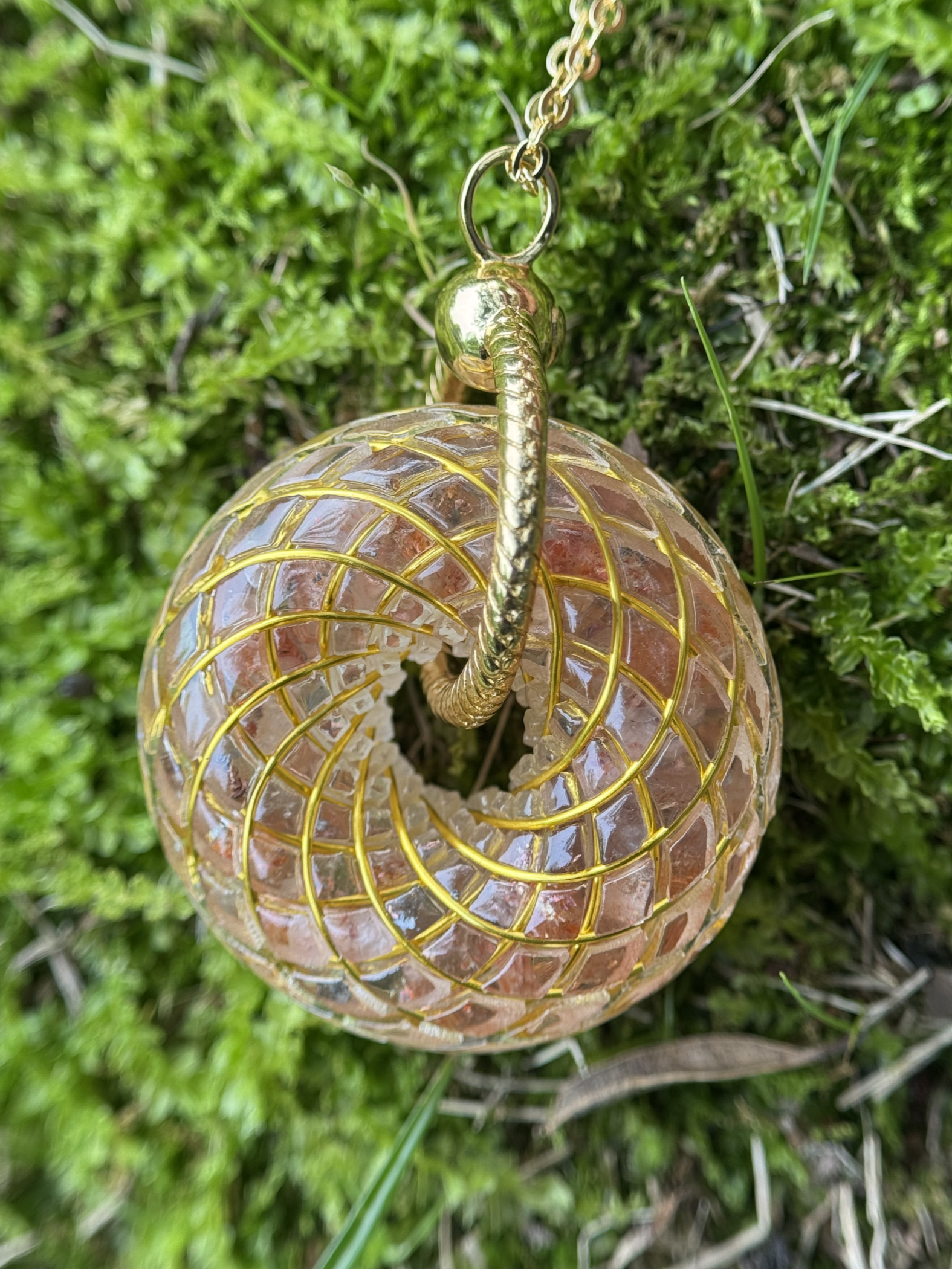 Sacred Geometry Torus Pendant Sunstone – Handmade Crystal Energy Necklace, Orgone Style Meditation Jewelry Gift